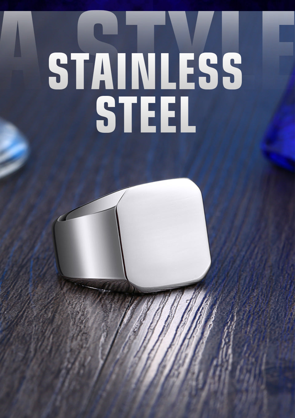 316L Stainless Steel Biker High Polished Signet Solid  Ring for men