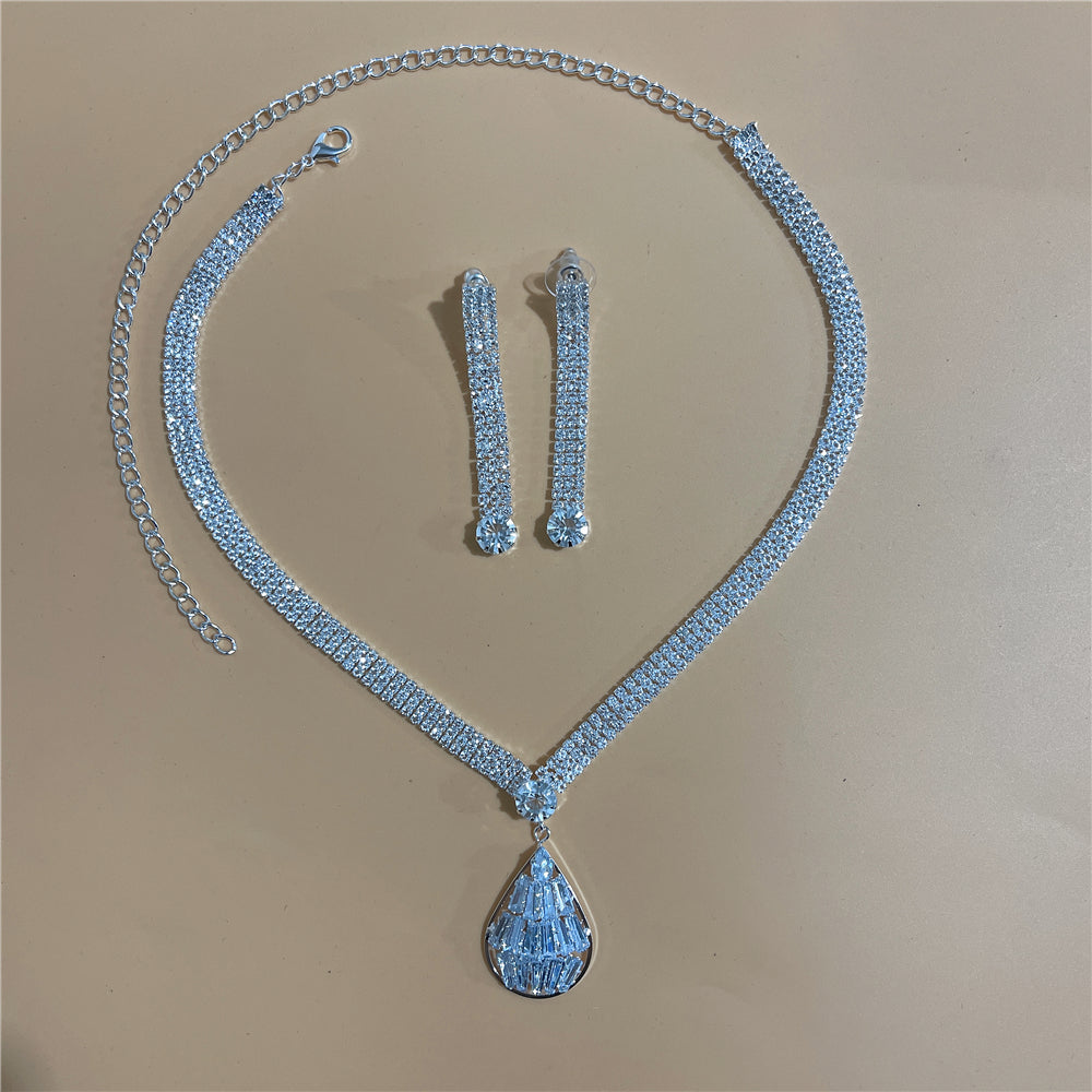 Zircon Rhinestone Stud Earrings and Necklace Jewelry Set