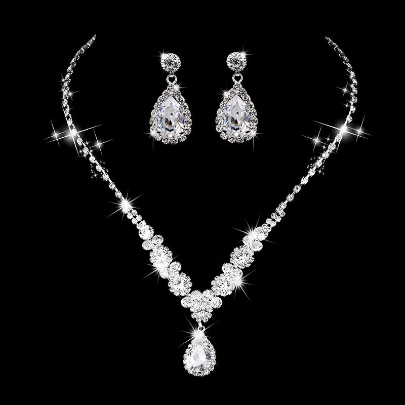 Water Drop Rhinestone Long Pendant Full Crystal Silver Jewelry Set
