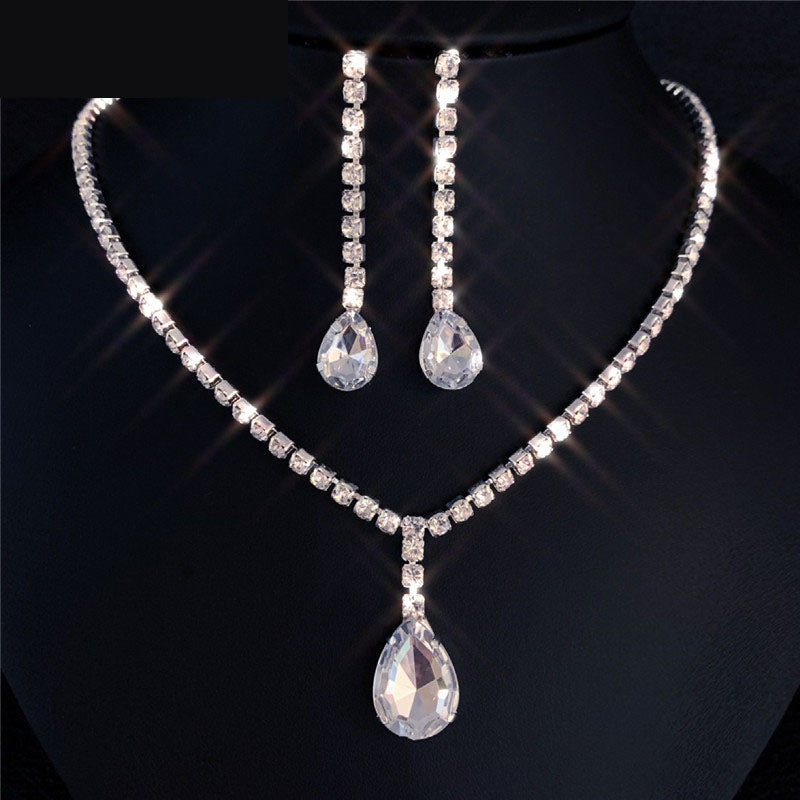 Water Drop Rhinestone Long Pendant Full Crystal Silver Jewelry Set