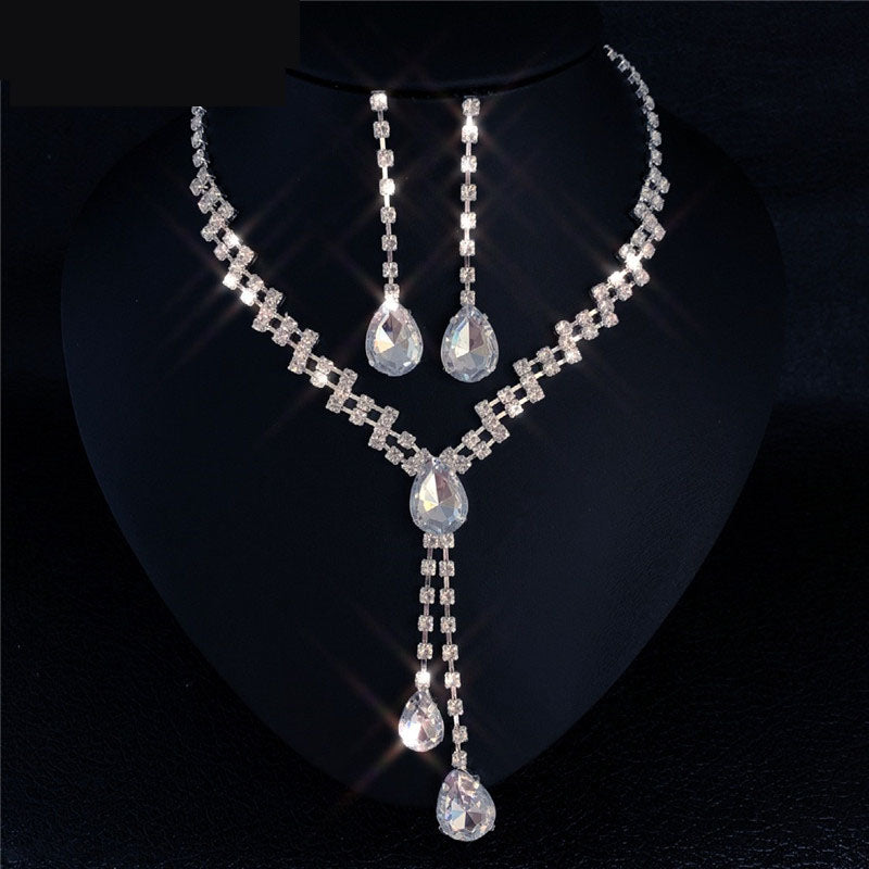 Water Drop Rhinestone Long Pendant Full Crystal Silver Jewelry Set