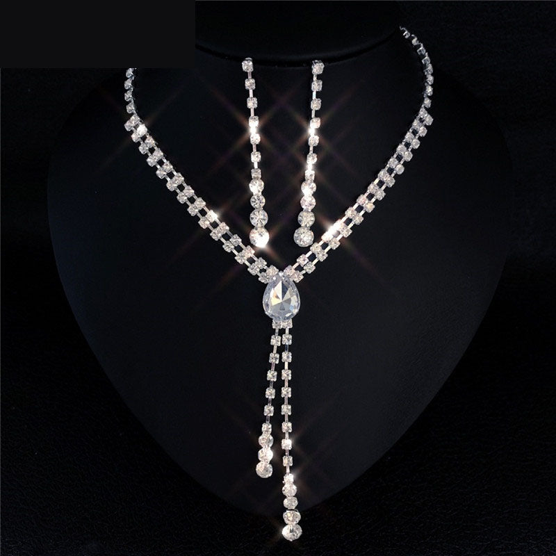 Water Drop Rhinestone Long Pendant Full Crystal Silver Jewelry Set