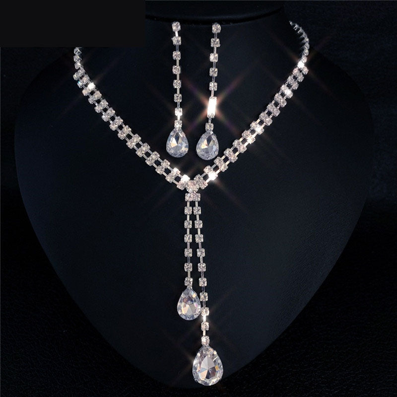 Water Drop Rhinestone Long Pendant Full Crystal Silver Jewelry Set