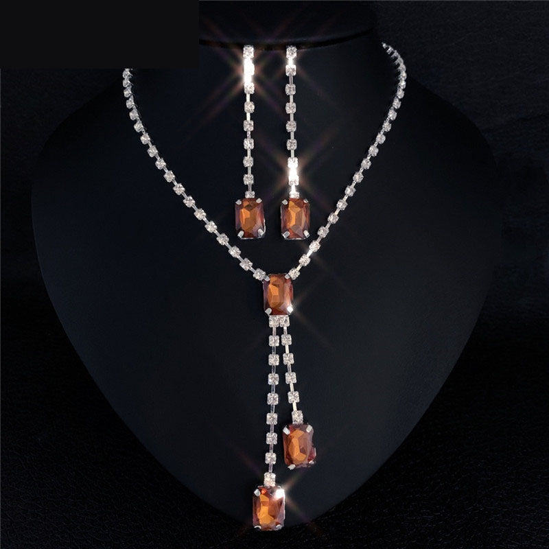 Water Drop Rhinestone Long Pendant Full Crystal Silver Jewelry Set