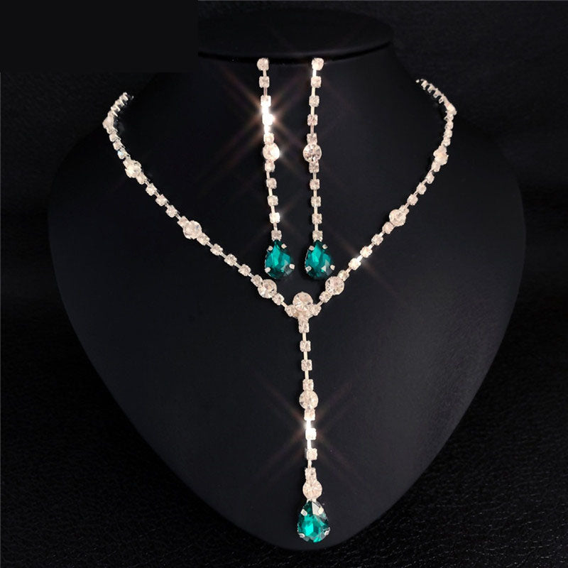 Water Drop Rhinestone Long Pendant Full Crystal Silver Jewelry Set