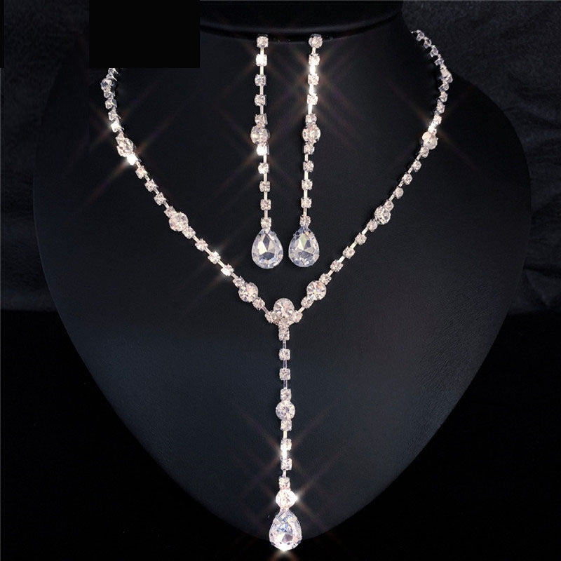 Water Drop Rhinestone Long Pendant Full Crystal Silver Jewelry Set
