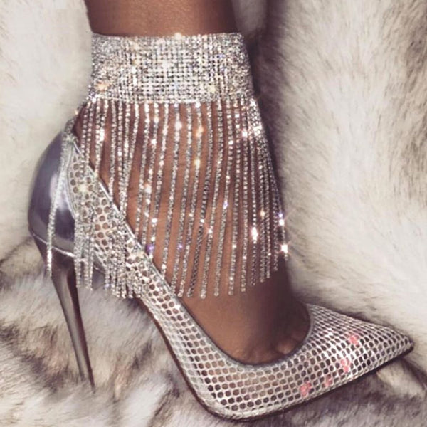 Cadena ajustable para tobillo y pie con borlas de diamantes de imitación para mujer