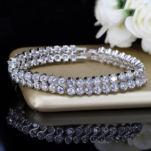 Pulseras de eslabones de cadena nupcial de doble círculo con circonita cúbica transparente, joyería para bodas y fiestas.