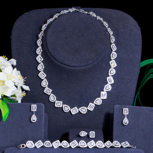 Conjunto de 4 piezas de joyería para mujer: gargantilla, collar y pendientes de boda.