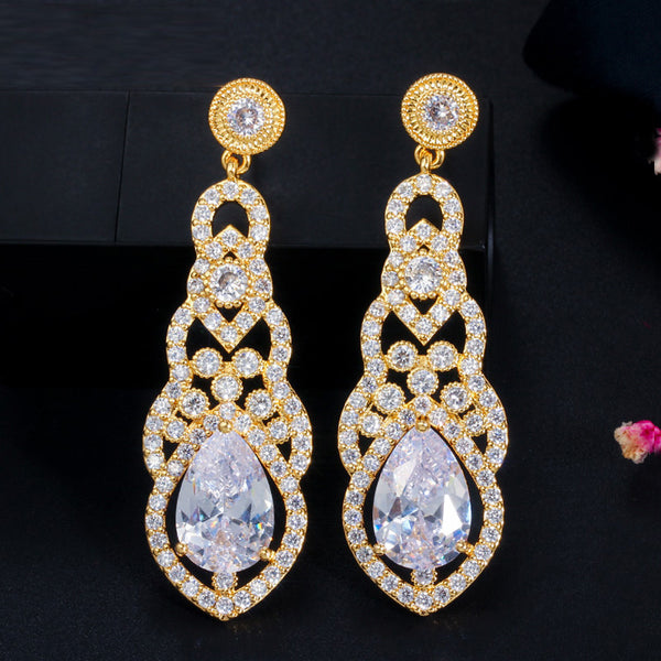Classic Big Water Drop Cubic Zirconia Setting Indian Yellow Gold Long Dangling Earrings