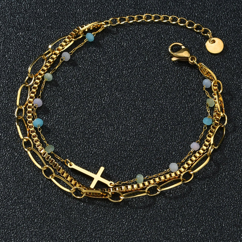 Stainless Steel Colorful Beads Cross Three Chain Bracelet
