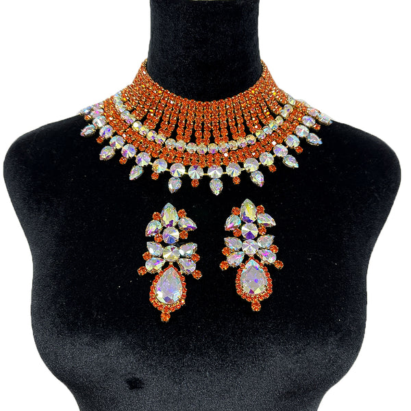Elegant Orange Rhinestone SS28 Necklace Earring Exaggerated Set