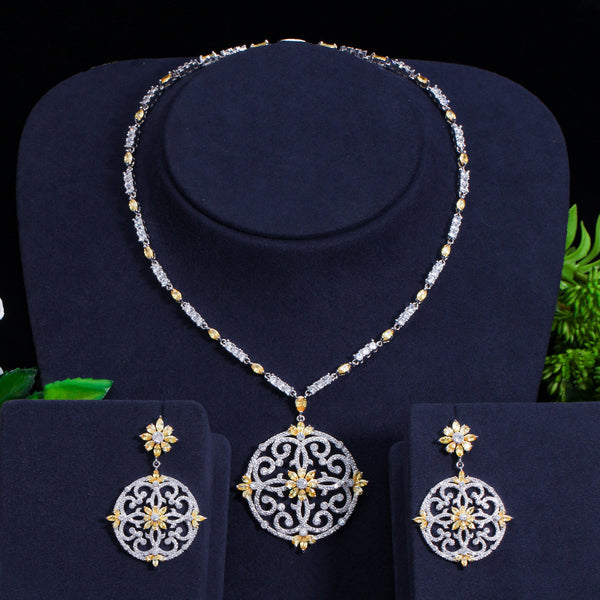 Conjunto de collar y pendientes con colgante redondo de circonita cúbica amarilla con diseño vintage ahuecado