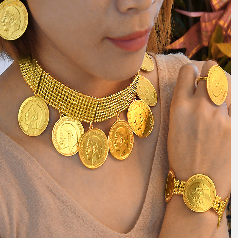Ethiopian Coin Big Necklace Earrings Bracelets Rings Set
