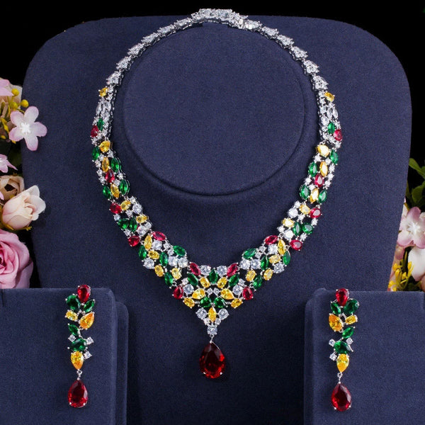 Red Green Yellow Crystal Stone Pave Big Flower Shape Drop Necklace Earring Set