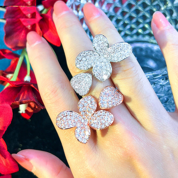Big Flower Leaf Shape AAA+ Cubic Zirconia Stone Pave Elegant Women Finger Rings