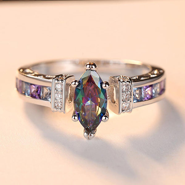 New Arrival White Gold Color Rainbow Oval Zircon Promise Wedding Bands Rings