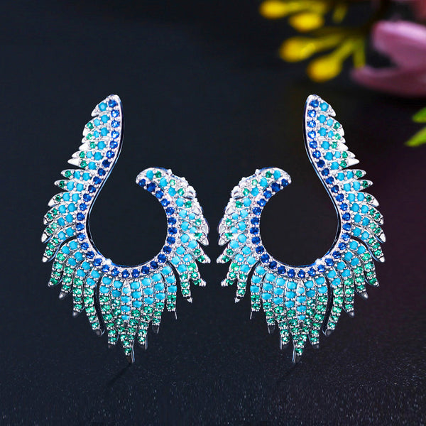 Incomparable Blue Green CZ Zircon Silver Color Long Tassel Drop Symmetrical Earrings