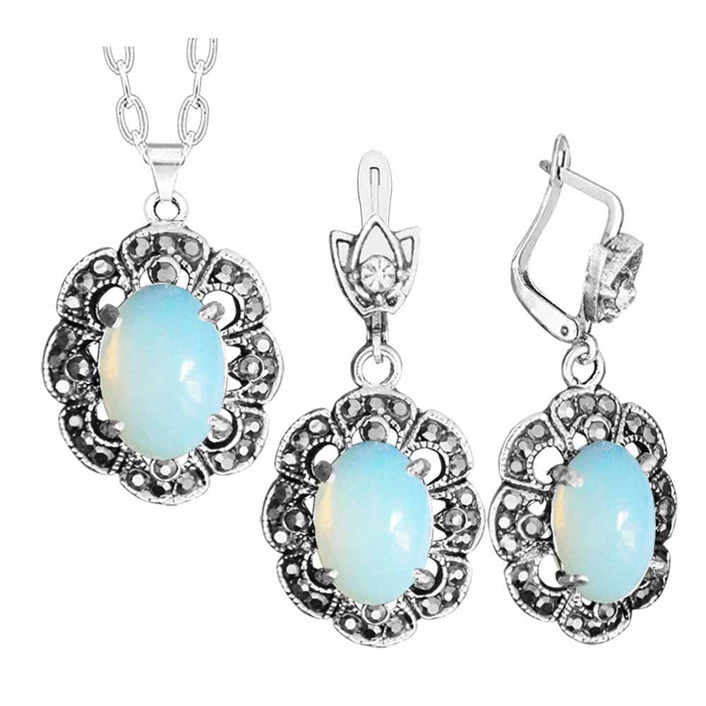 Oval Transparent Opal Necklace Earrings Jewelry Set