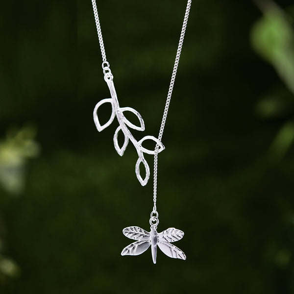 925 Sterling Silver Cute Dragonfly Leaves Necklace with Pendant