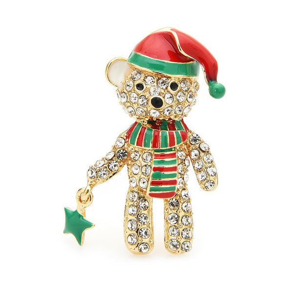 Full Rhinestone Bear Brooches For Women Enamel Hat Bear Christmas Animal Brooch