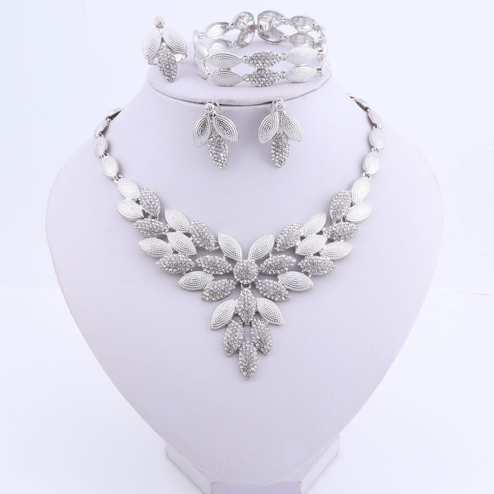 Silver Color Women Necklace Earrings Bracelet Ring Jewelry Sets