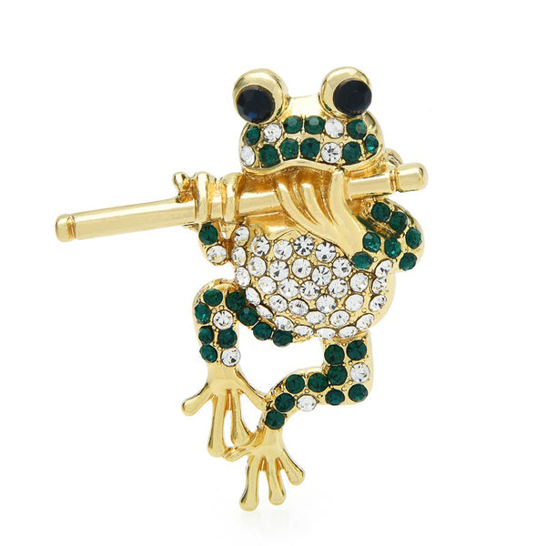 Play Bamboo Fluting Frog Brooches Women Men Rhinestone Lovely Animal Party Casual Brooch