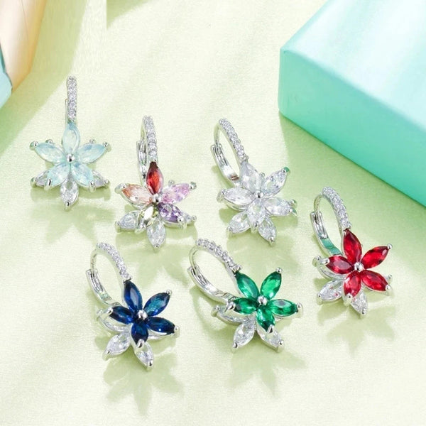 Blue Green Colorful CZ Crystal Cute Flower Silver Color Ear Stud Earrings