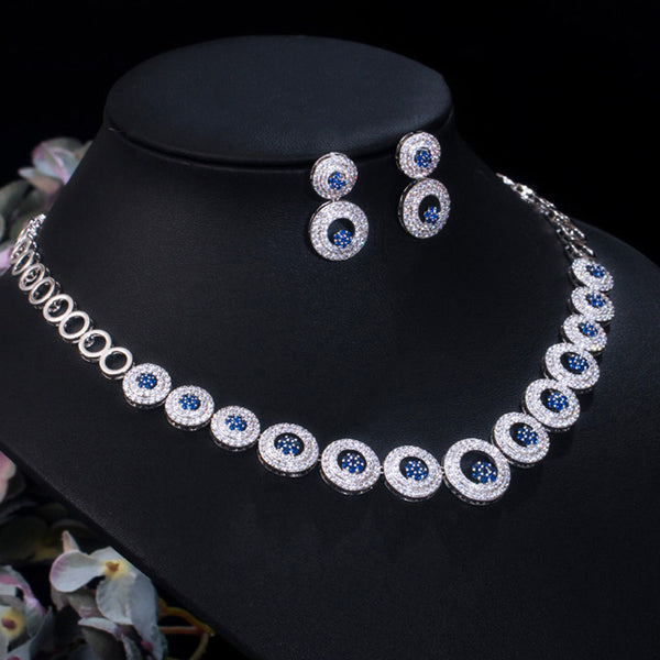 Gargantilla de eslabones circulares con circonita cúbica azul para mujer, conjunto de collar y joyería para fiesta de boda