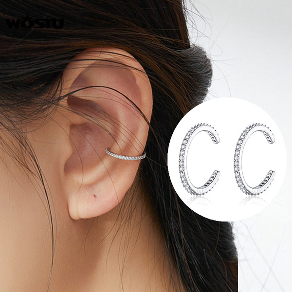 Pendientes de clip tipo puño de oreja de plata de ley 925 con circonitas redondas, sin perforación.