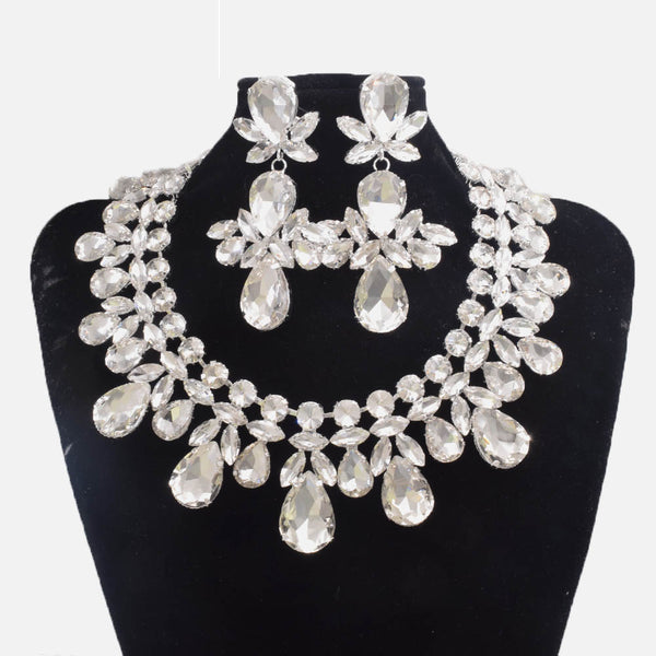 Elegant Women Crystal Water Drop Gemstone Dangle Earrings Necklace Set