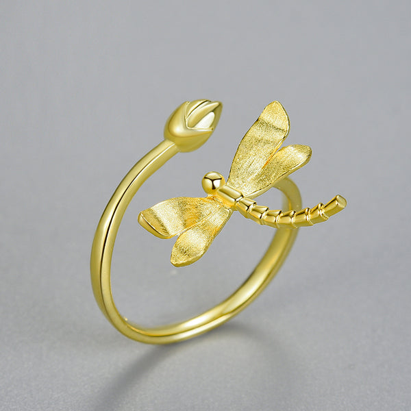 Anillos ajustables de lujo con diseño de libélula y capullo de loto en plata de ley 925 y oro de 18 quilates.