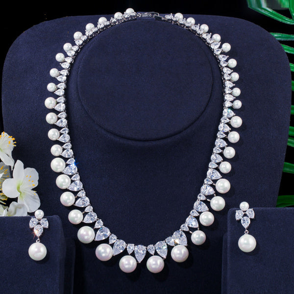 Conjunto de joyería de bisutería para mujer con colgante de collar y pendientes de perla redonda