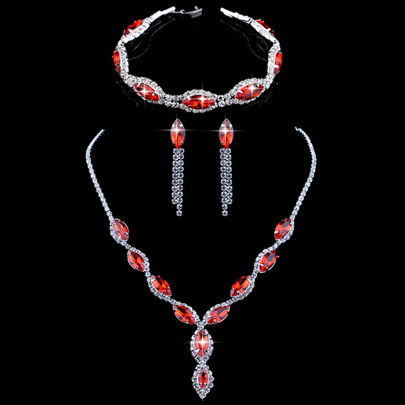 Red Color Crystal Necklace Earrings Bracelet Jewelry Set