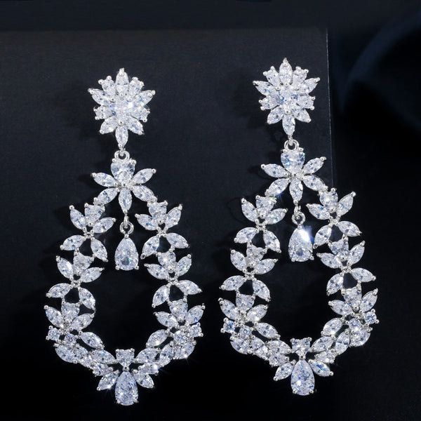 Big Statement Cluster Flower Marquise Shape Long Cubic Zirconia Earrings
