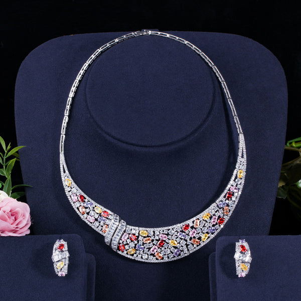 Multicolor Cubic Zirconia Choker Necklace Earring Set for Wome