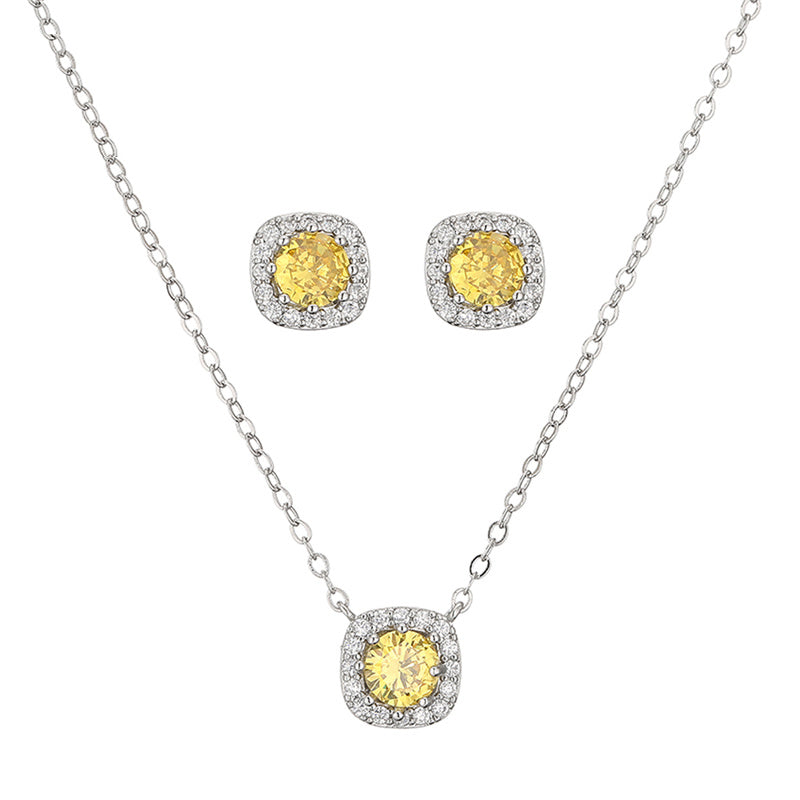 Fashion Yellow White Cz Zirconia Square Earrings & Necklace Set