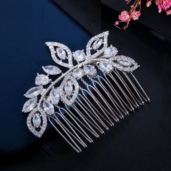 Leaf Cubic Zirconia Stone Wedding Headpiece Flower Hair Comb