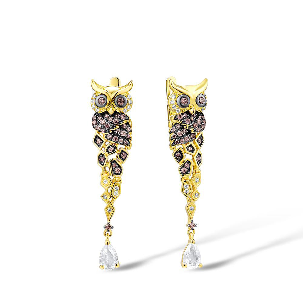 925 Sterling Silver Gold Color Sparkling Chocolate CZ Creative Owl Drop Earrings