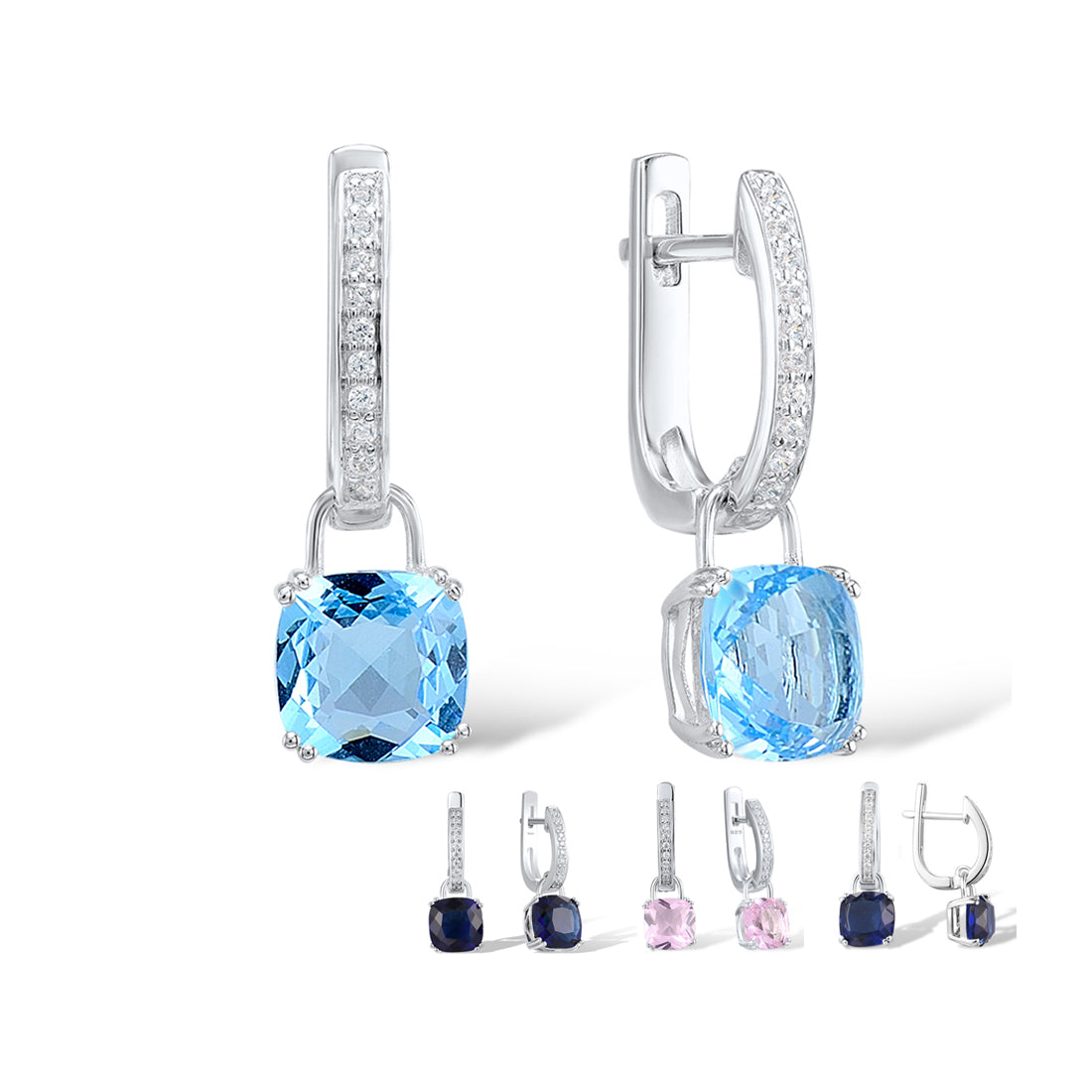 925 Sterling Silver Drop Earrings Sky Blue Pink Cubic Zirconia Dangle Earrings