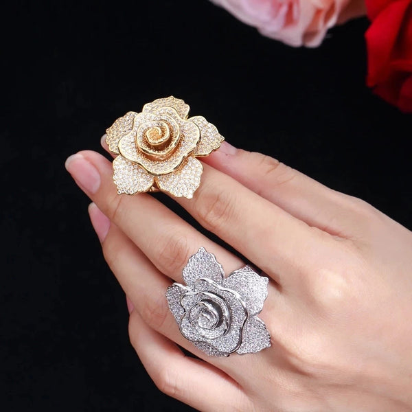 Big Flower Shape Cubic Zirconia Yellow Gold Color Finger Rings