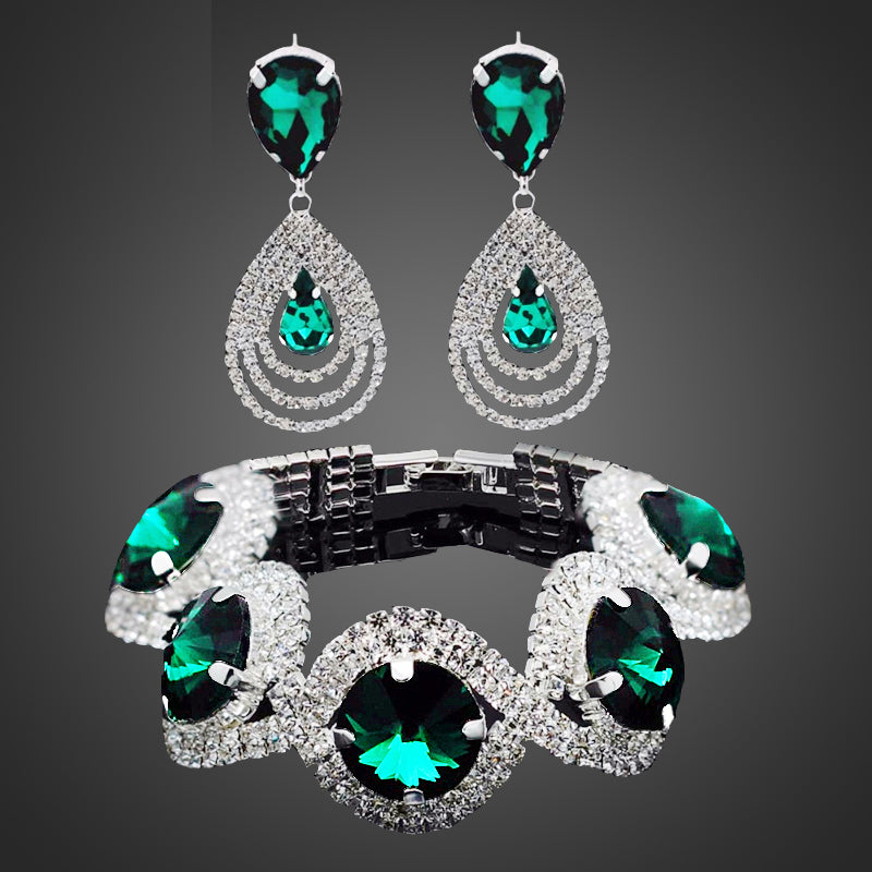 Rhinestone Crystal Jewelry Set Bracelet Earrings Female Set