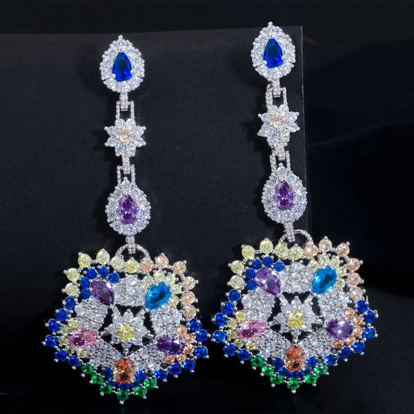 Silver Color Bohemian Ethnic Big Sun Flower Multi- Colored Cubic Zirconia Stone Long Drop Earrings