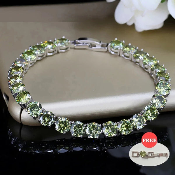 Fashion Silver Color 0.5 Carat Round Olive Green CZ Crystal Tennis Chain Link Hand Bracelets Bangles