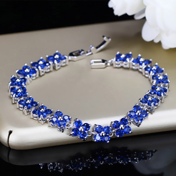 4 Leaf Cubic Zirconia Stone Pave Setting Dark Blue Tennis Charm Bracelet
