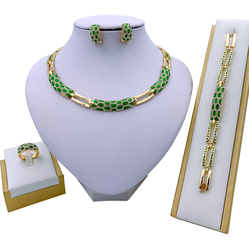 Fashion Green Necklace Bracelet  Earrings Ring Crystal Jewelry Sets