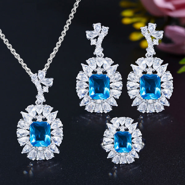 Conjunto de joyería con colgante, collar y pendientes cuadrados de cristal de circonita cúbica azul claro