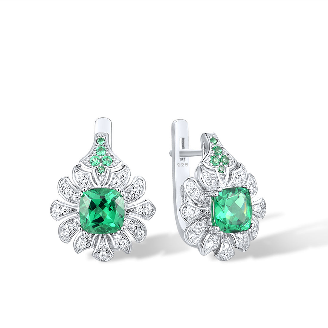 Silver Sparkling Square Green Spinel White CZ Flower Earrings