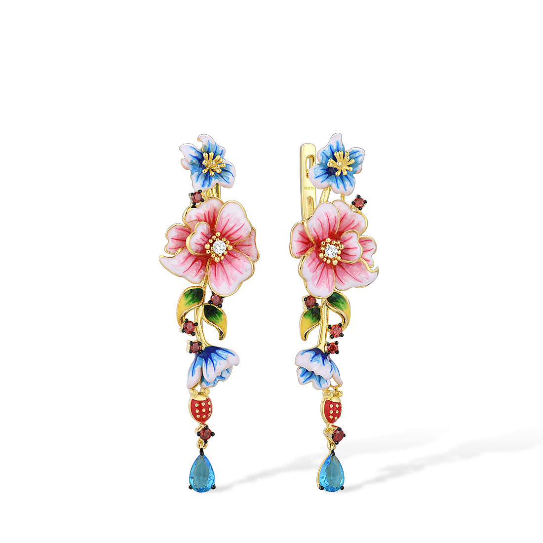 Delicate Colorful Flowers Long Handmade Enamel Silver Drop Earrings