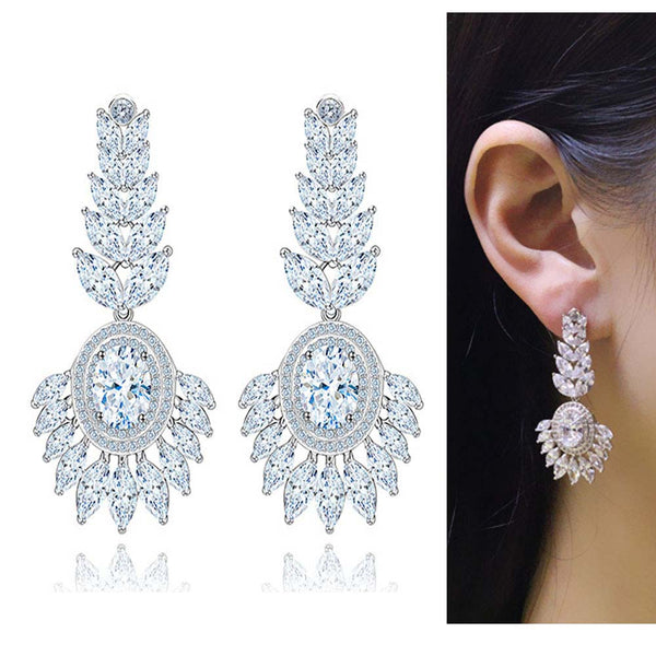 Sparkling Cubic Zirconia Setting Luxury Big Sun Flower Bridal Long Dropping Earrings